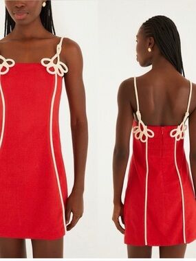 FARM Rio Red Mini Dress with Cream Piping and Flower Straps…